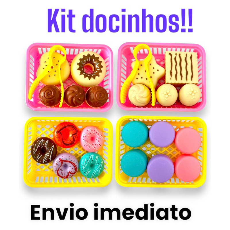 Kit Confeitaria Com Pegador + Cestinha, Donuts, Macarons, Kit Docinho Brinquedo Infantil Casinha Comidinha Doces