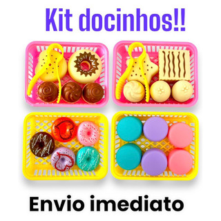 Kit Confeitaria Com Pegador + Cestinha, Donuts, Macarons, Kit Docinho Brinquedo Infantil Casinha Comidinha Doces