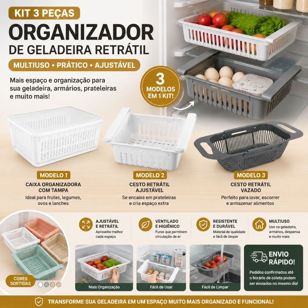 Kit 3 Organizadores Multiuso Geladeira Cesto Retrátil Caixa Tampa Escorredor " Envio imediato "
