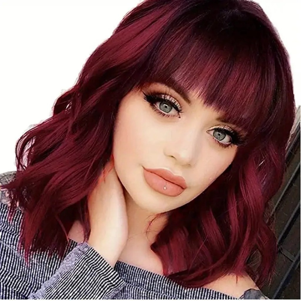 Peruca Vermelha De Vinho Orgânica Ondulada Com Franja Fibra Premium Lindíssima Top Hair MILA-T1B/BUG
