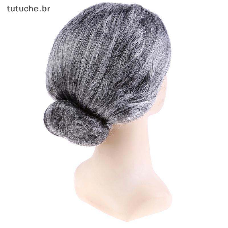 TU Velha Senhora Avó Vovó Peruca Cinza Coque Cabelo Fantasia Vestido Traje BR