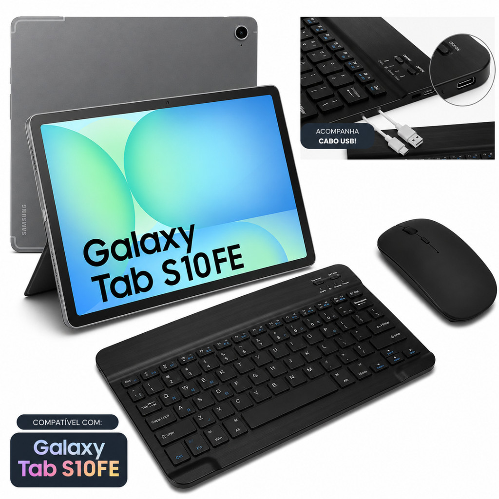 Kit Teclado e Mouse Slim Bluetooth para Samsung S10 FE+ 13.1