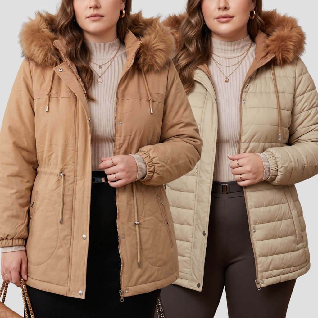 Parka Dupla Face Feminina Casaco De Frio Intenso Plus Size Inverno Capuz Removível Pelinhos Casual
