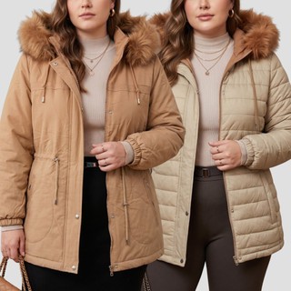 Parka Dupla Face Feminina Casaco De Frio Intenso Plus Size Inverno Capuz Removível Pelinhos Casual