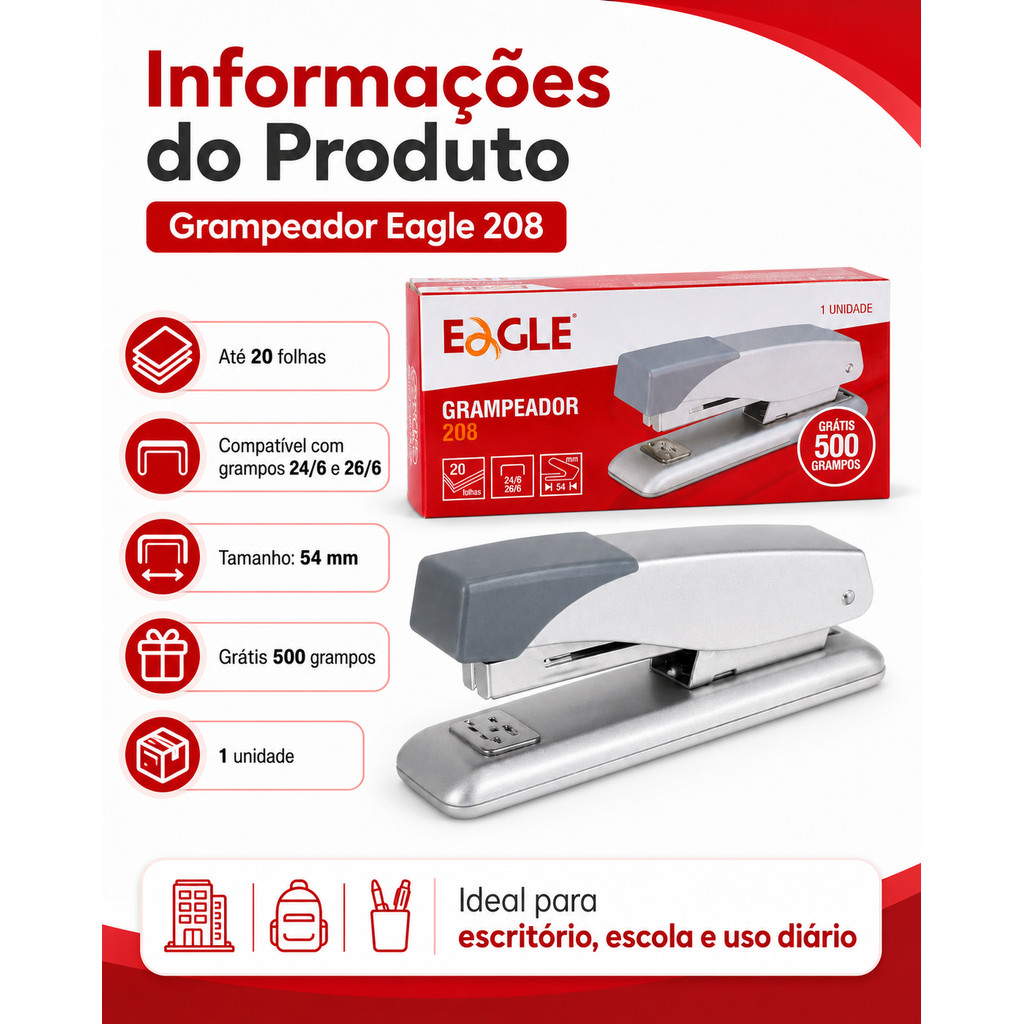 Grampeador Eagle 208 Metal 20 Folhas Com 500 Grampos · foto 2