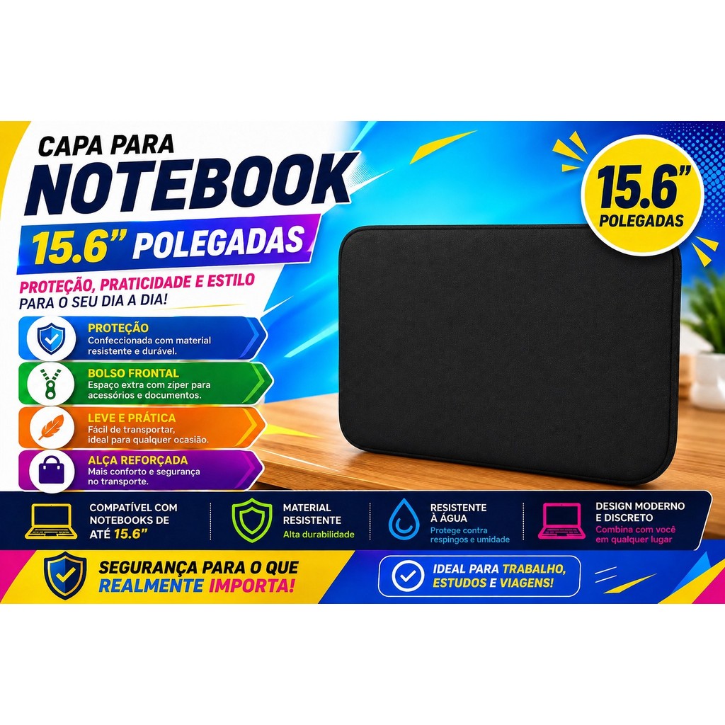 Case Luva Bolsa Pasta  Estojo para Notebook 15,6 Polegadas Preta Com Bolso e Sem Bolso