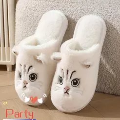 Chinelos Quentes Para Casa De Inverno Festa , De Casais Com Estampa De Gato Textura Fofa Pelúcia De Tecido Macio