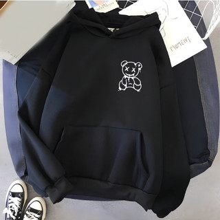Blusa Moletom Canguru Feminino Unissex Flanelado Algodão Estampado Capuz Inverno Preto Urso