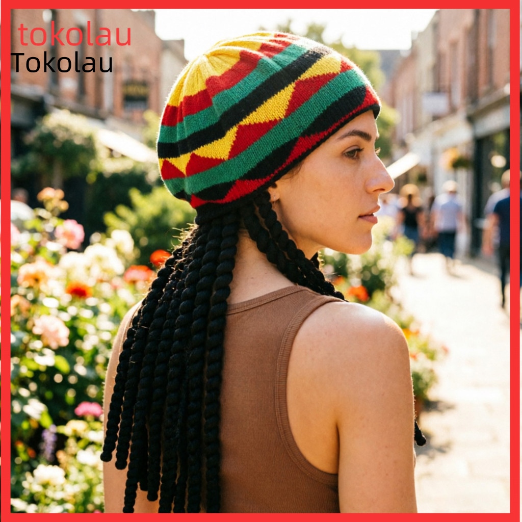 Colorful Beret Hat Jamaica Flag Colors Cosplay with Black Braided Pigtail Wig – Yellow Green Halloween Party Costume f