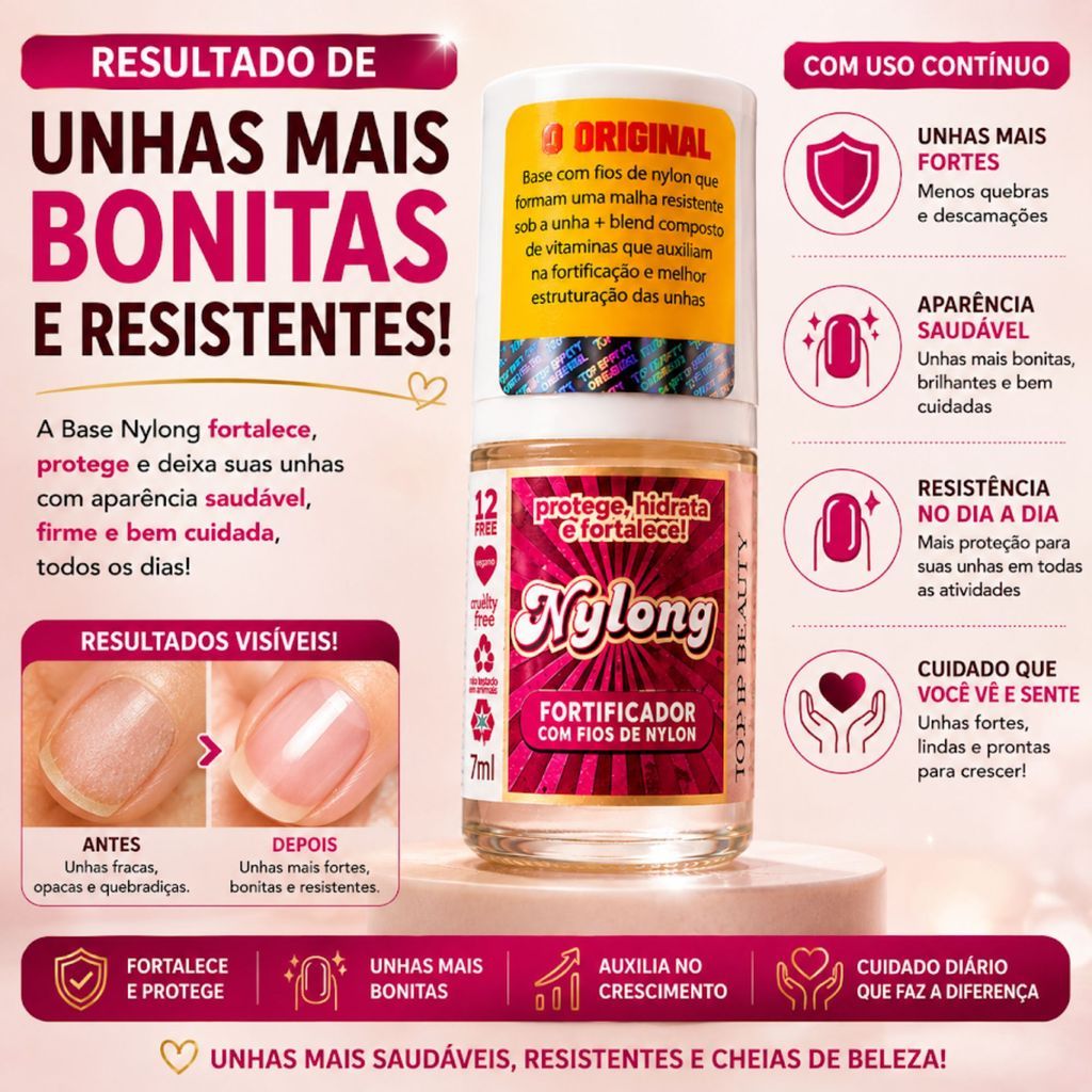 Detalhes do Kit 2 Bases De Tratamento Fortalecedora e Hidratante Nylong FREE 7ml - Top Beauty