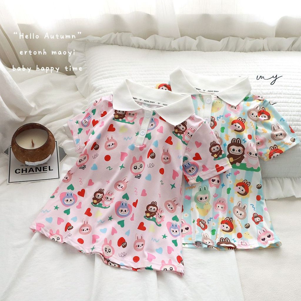 Labubu meninas Super agradável saia verão crianças vestido de princesa bonito dos desenhos animados impressão completa s