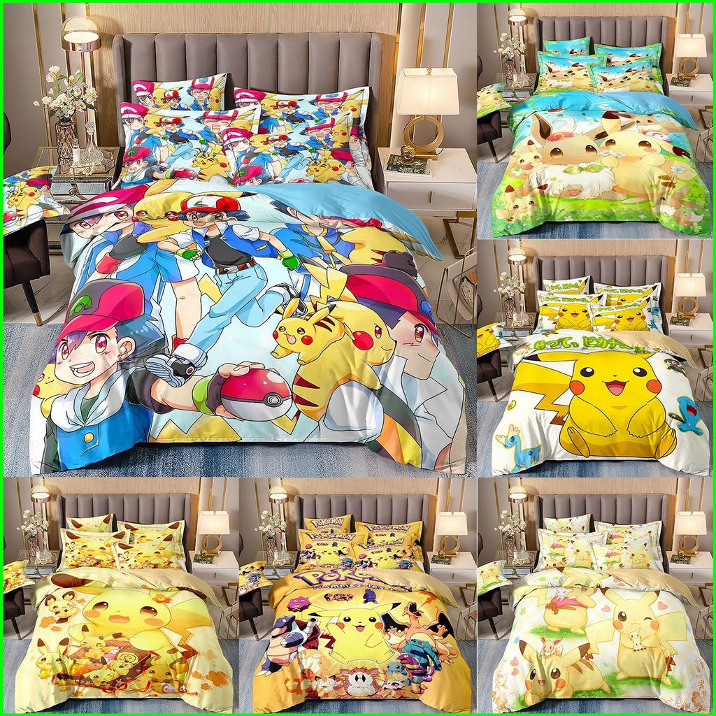 BB12 Pokemon Pikachu Terno Lençol Capa De Edredão Fronha Qualidade Premium Conjunto Cama Lavável Casa Quarto 3IN1