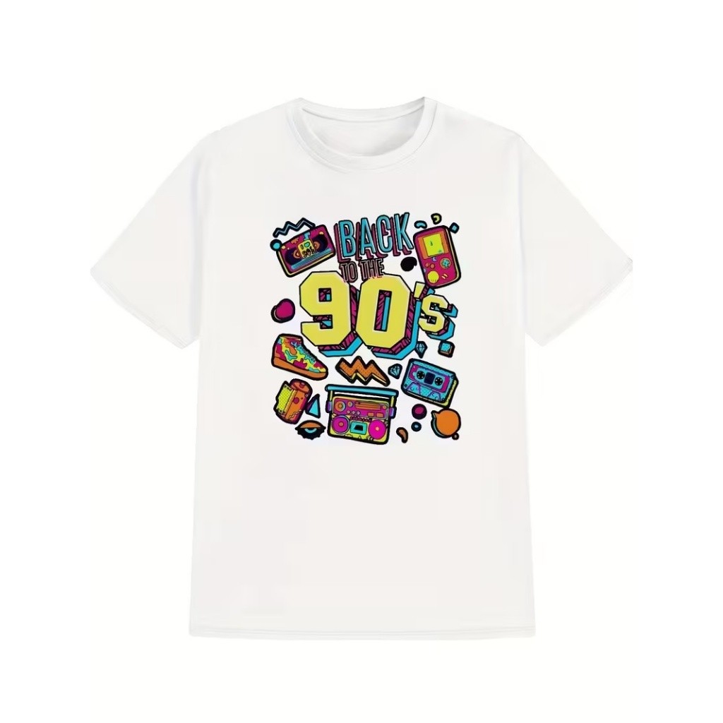 Camiseta retrô BACK TO THE 90'S com fita cassete boombox skate videogame estampa vibrante perfeita para nostalgia urbana