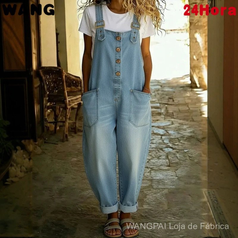 Macacão de Denim Vintage Feminino, Solto, com Fivela Ajustável e Efeito Desgastado — imagem 2 de 2