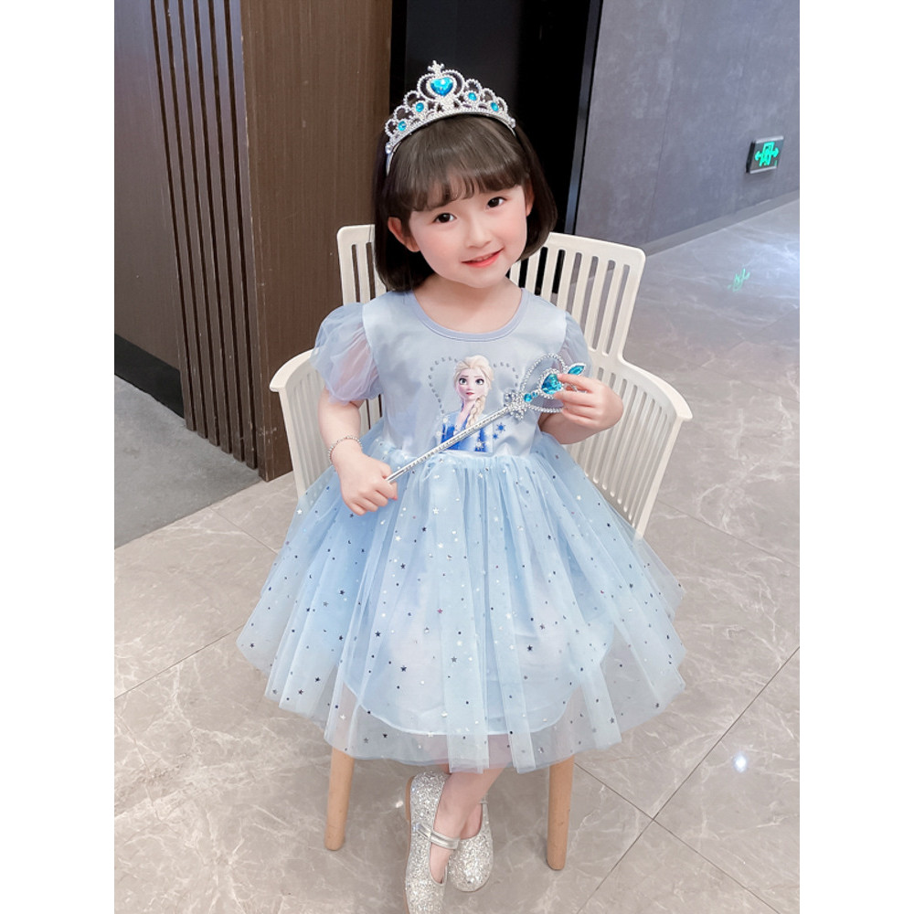 Meninas Elsa princesa vestido 2026 vestido de verão crianças congelado moda gaze vestido bebê vestido de manga curta