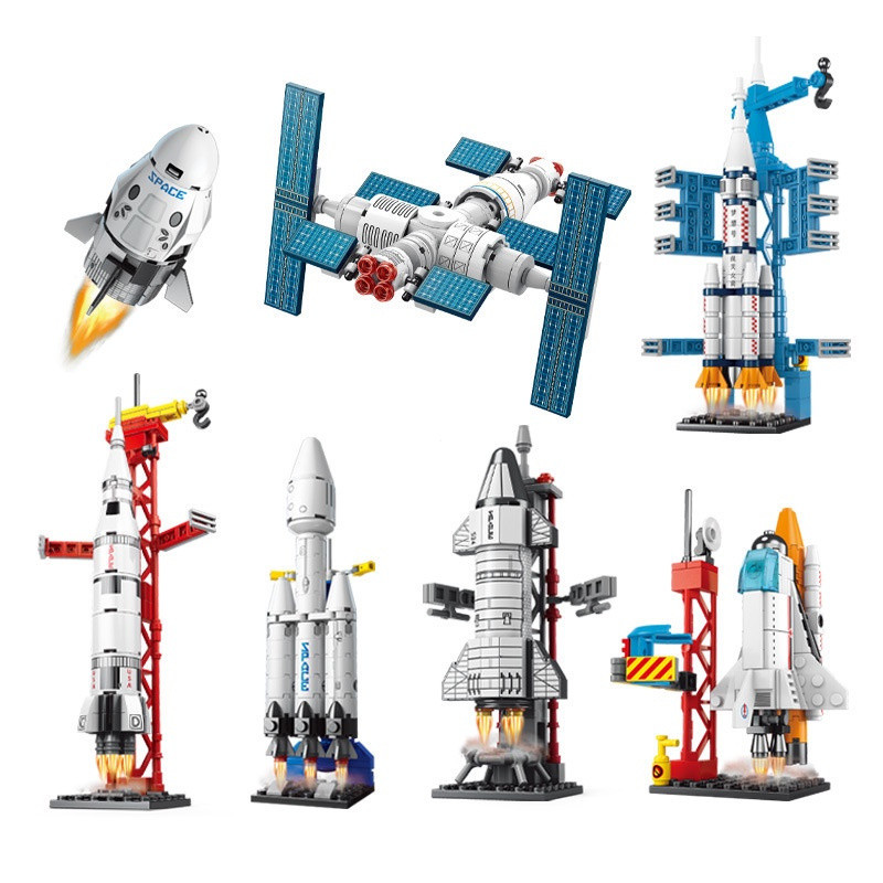 Brinquedo de montagem de blocos de partículas pequenas de foguete espacial, brinquedo educativo infantil de satélite