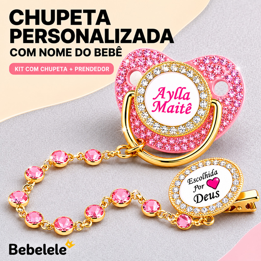 Chupeta de bebê rosa com diamante, inclui clipe de fixação, nome e foto personalizados