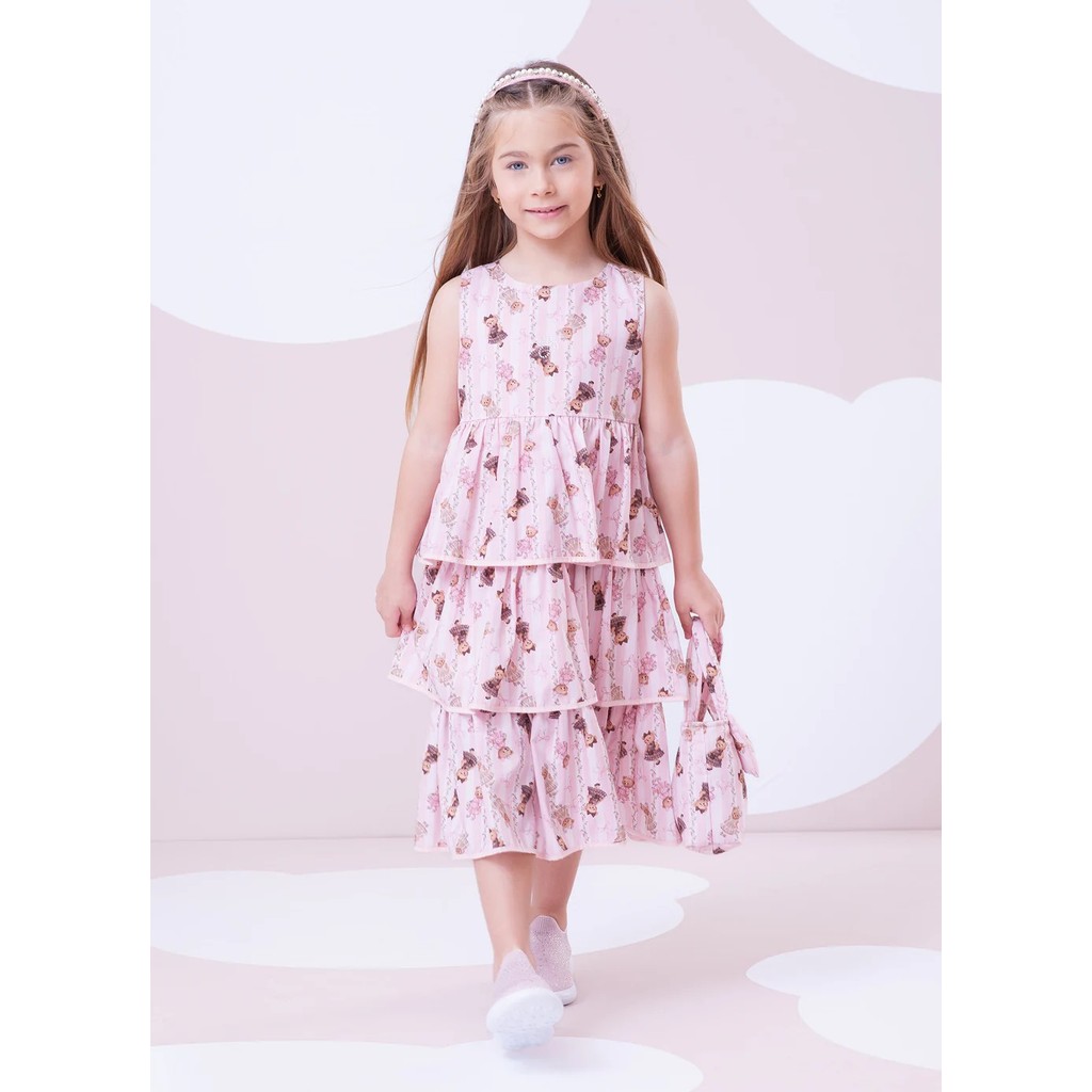 Vestido algodão listras e ursas babados Pituchinhus