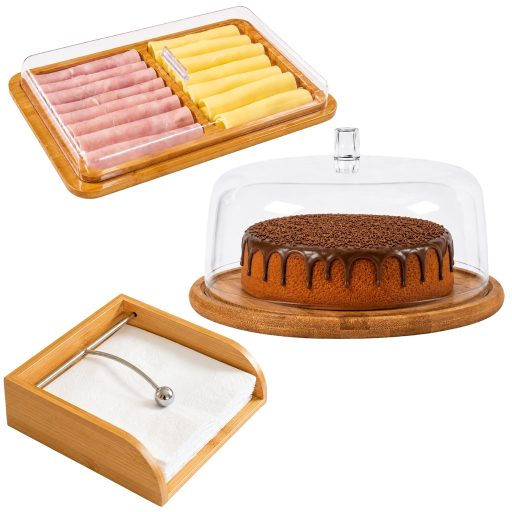 Kit Cozinha Bambu Porta Frios Boleira Mesa Porta Guardanapo Bolo Moderna Organização Gourmet