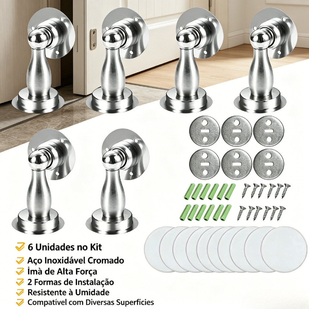 Batente Magnético para Porta em Aço Inox Instalação na Parede ou Piso