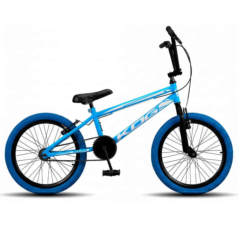 Bicicleta BMX Aro 20 Infantil KOG Freestyle Para Meninos - Azul com Branco Pneus Azul