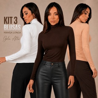 Kit 3 Blusa Feminina Manga Longa Cacharrel Gola Alta Segunda Pele Suplex Premium Moda Inverno