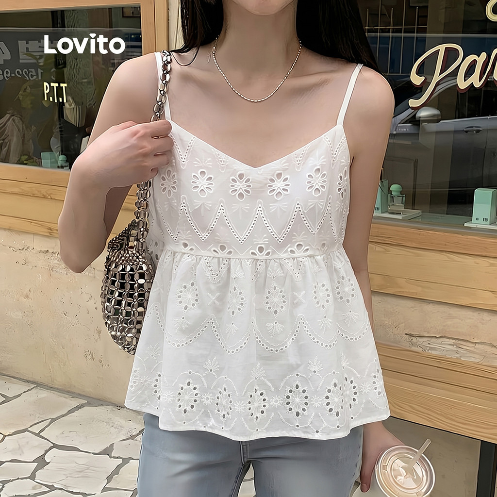 Lovito Férias Top com Recorte em Ilhós Bordado para a Primavera/verão Branco para mulheres LK4LD2627 · foto 2