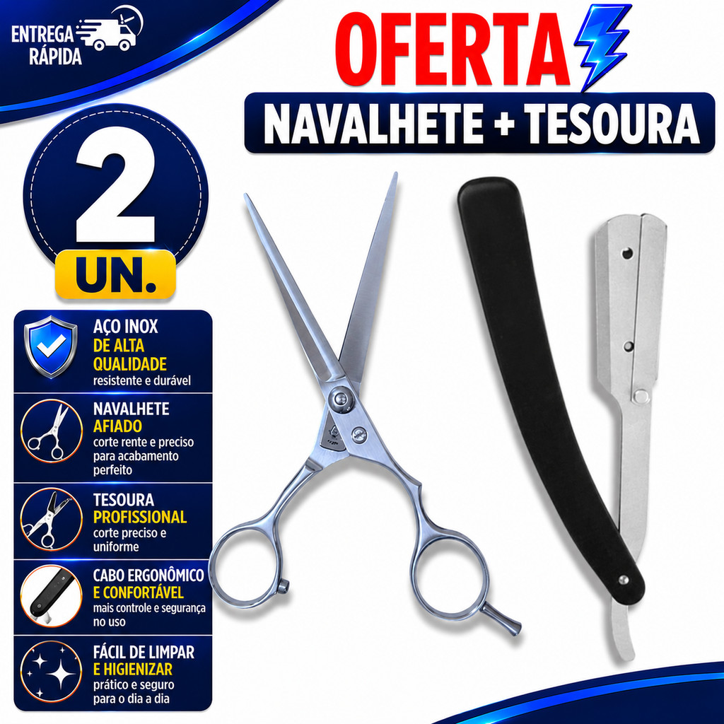 NAVALHA PROFISSIONAL + TESOURA 6'' BARBEIRO CORTE PRECISO CABELO BARBA SALÃO PREMIUM