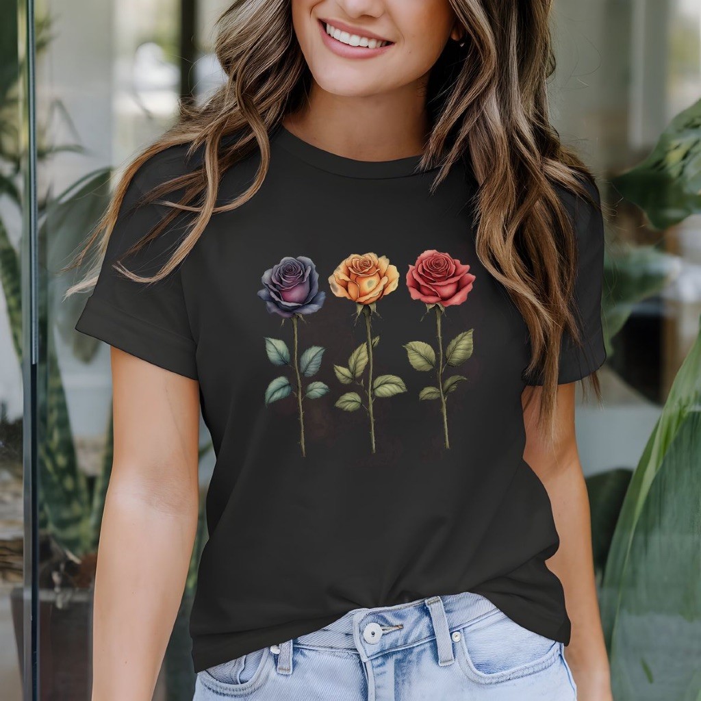 Camiseta Feminina Estilosa Camisa Estampa Três Rosas Roupa Estilosa T-Shirt Confortável 100% Algodão