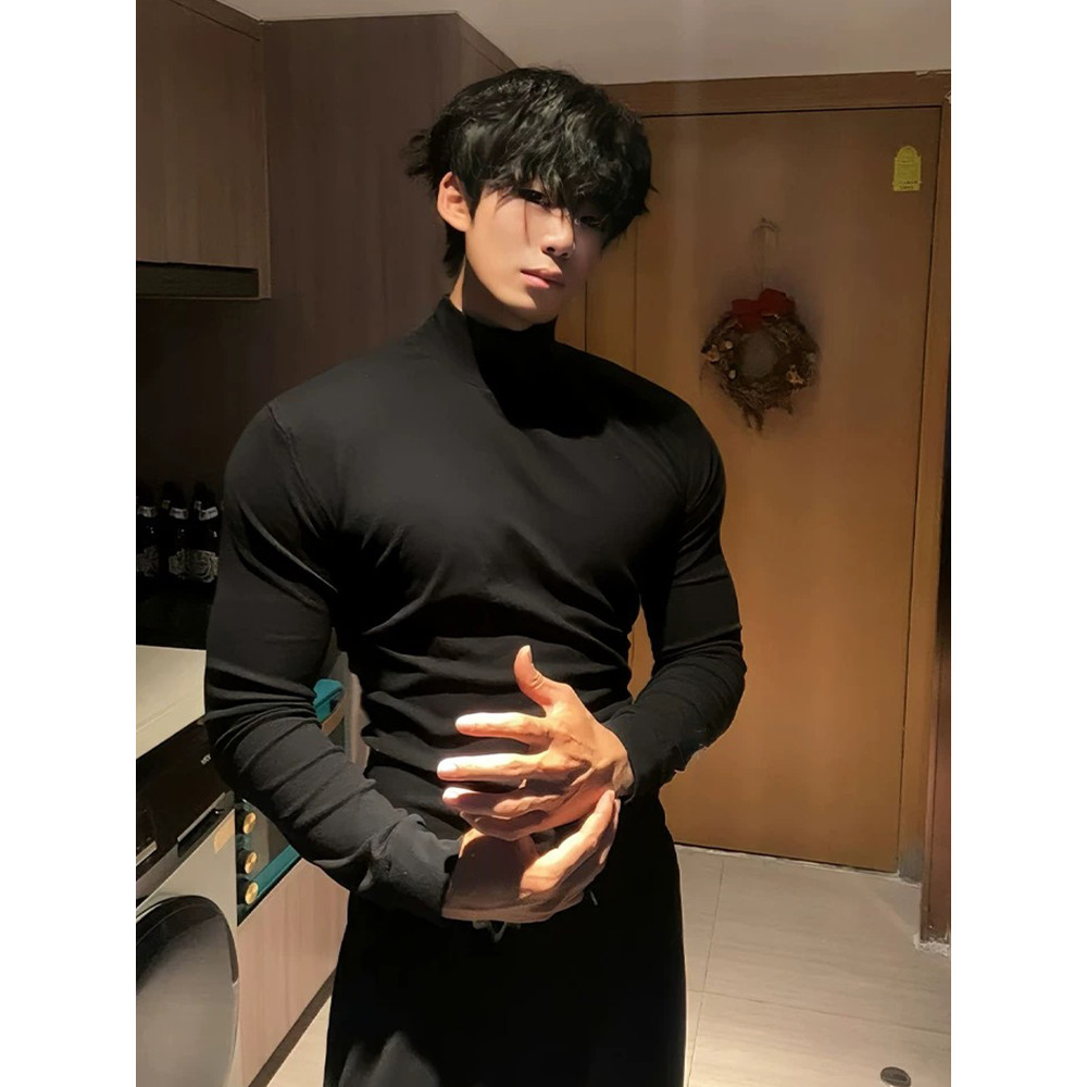 Preto meia gola alta forro de lã camisa de fundo masculina outono inverno dupla face velo interior de manga comprida t @