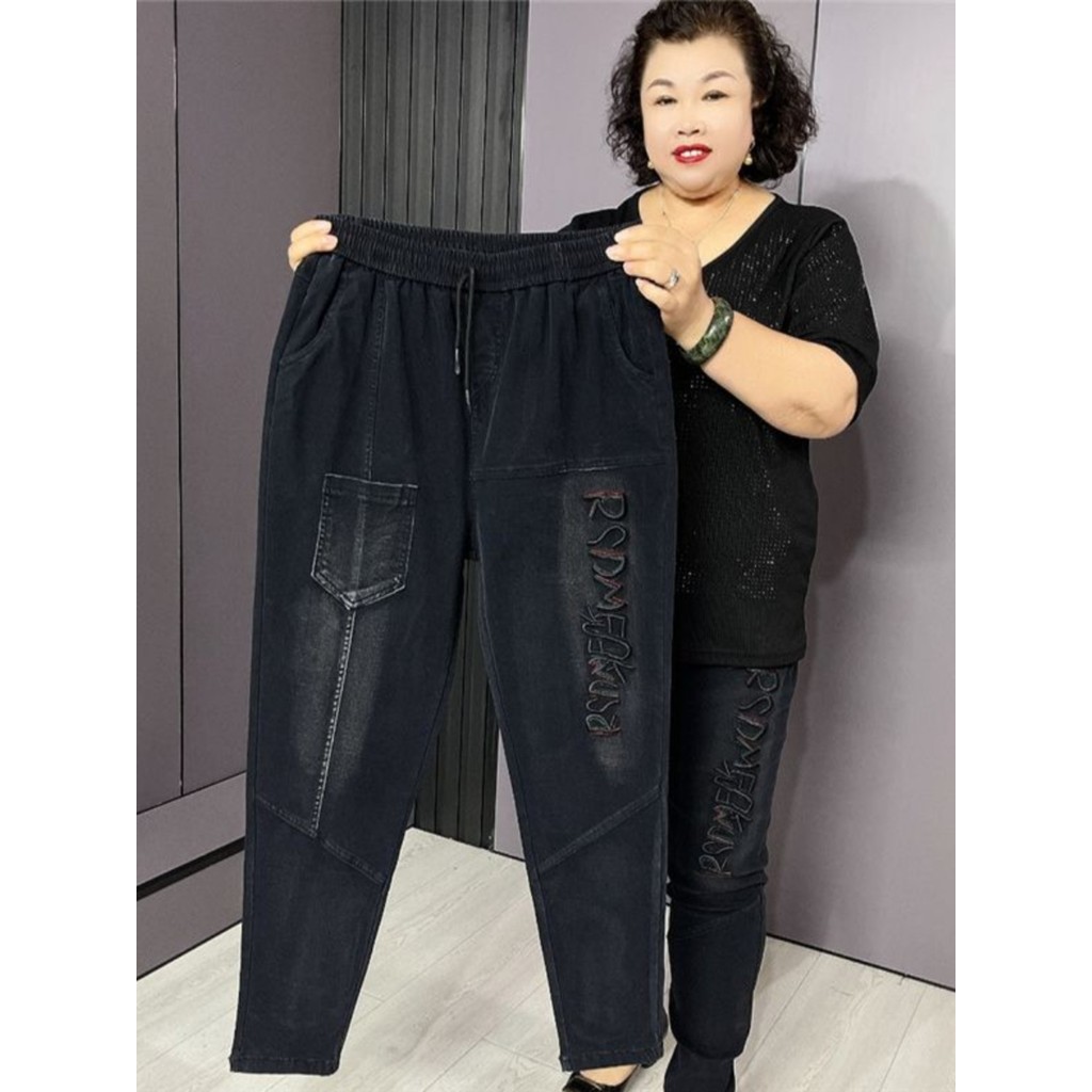 Outono inverno Plus Size papai Jeans feminino gordura mm110kg solto Harlan irmã gorda mais magro olhar calças virilha co