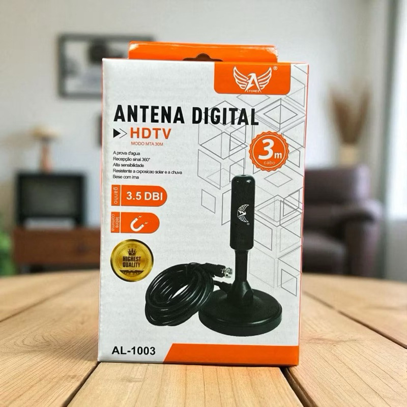 Antena Digital Amplificada Interna e Externa 1.5-5 Metros Base Imã Prova d'água 4DBI HDTV/UHF/VHF