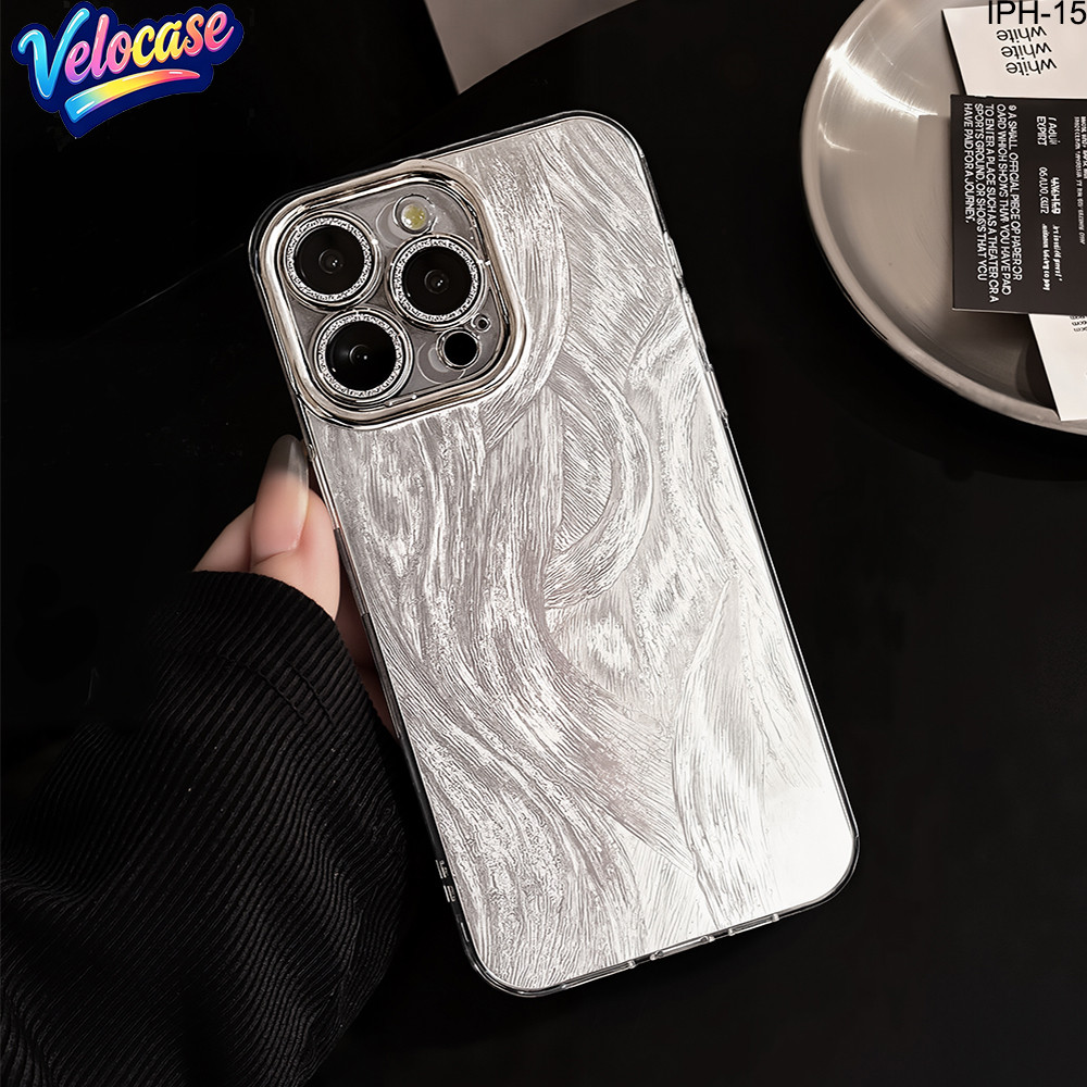 Capinha Efeito Pena Prata Iridescente Borda Cromada Anti-Impacto para iPhone 15 14 13 12 11 XR Pro Max Plus Case JKH8000