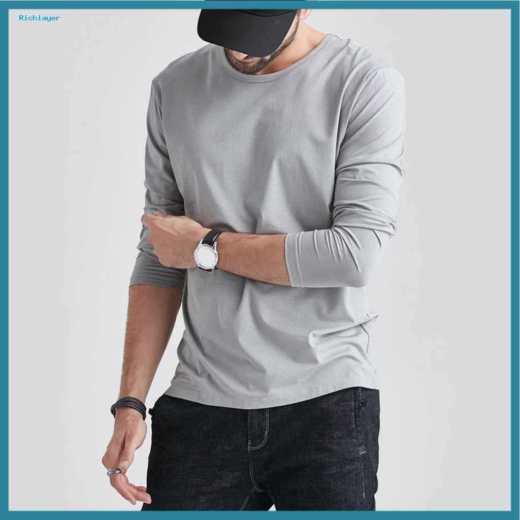 Men Solid Color T-shirt Casual Top Men's Long Sleeve Round Neck Plus Size Loose Fit Pullover for Sports Daily Wear Trave