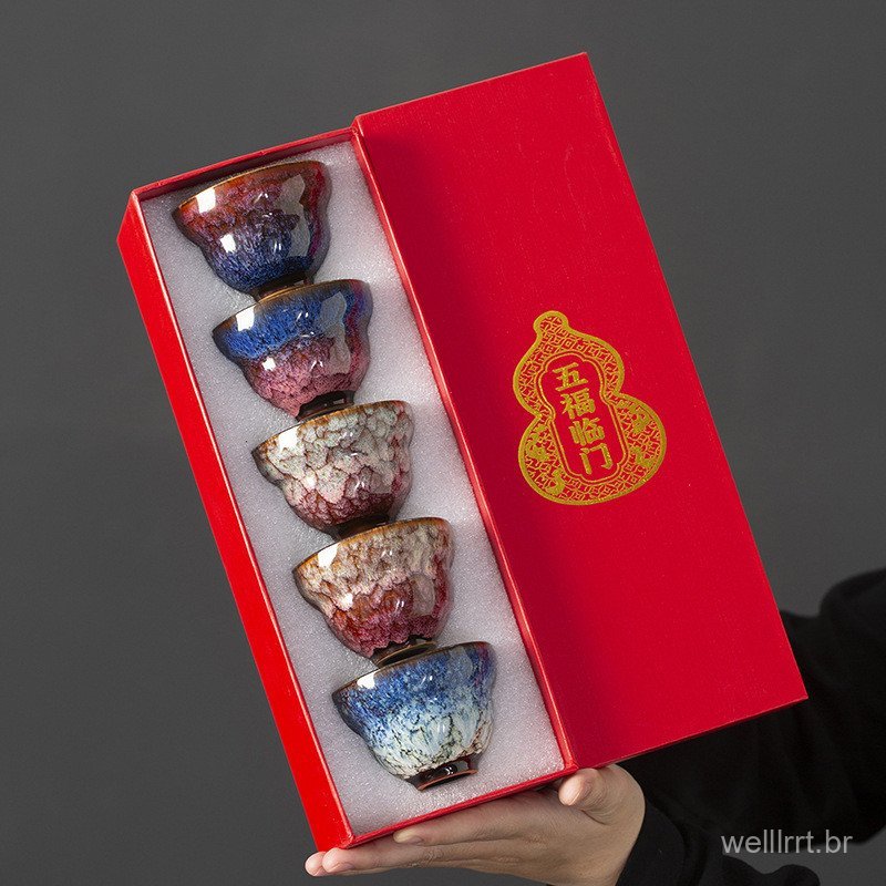 Fu Lu cinco elementos copo forno gradiente esmalte High-End conjunto de xícara de chá caixa de presente lembranças prese