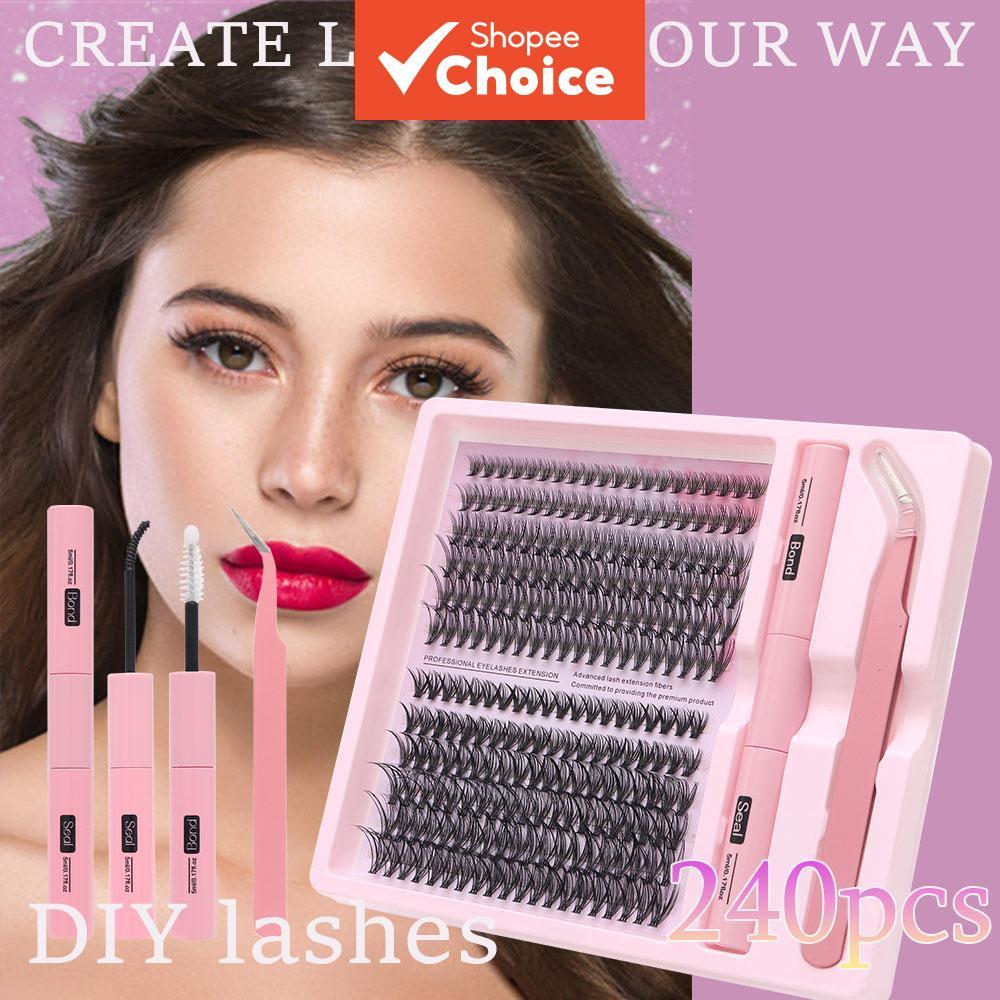 Kit De Extensão De Cílios DIY Com Cluster 20D-30D , 0.07 D Curl 8-16mm Mix , 240 Unidades Removedor De Cola E Aplicador