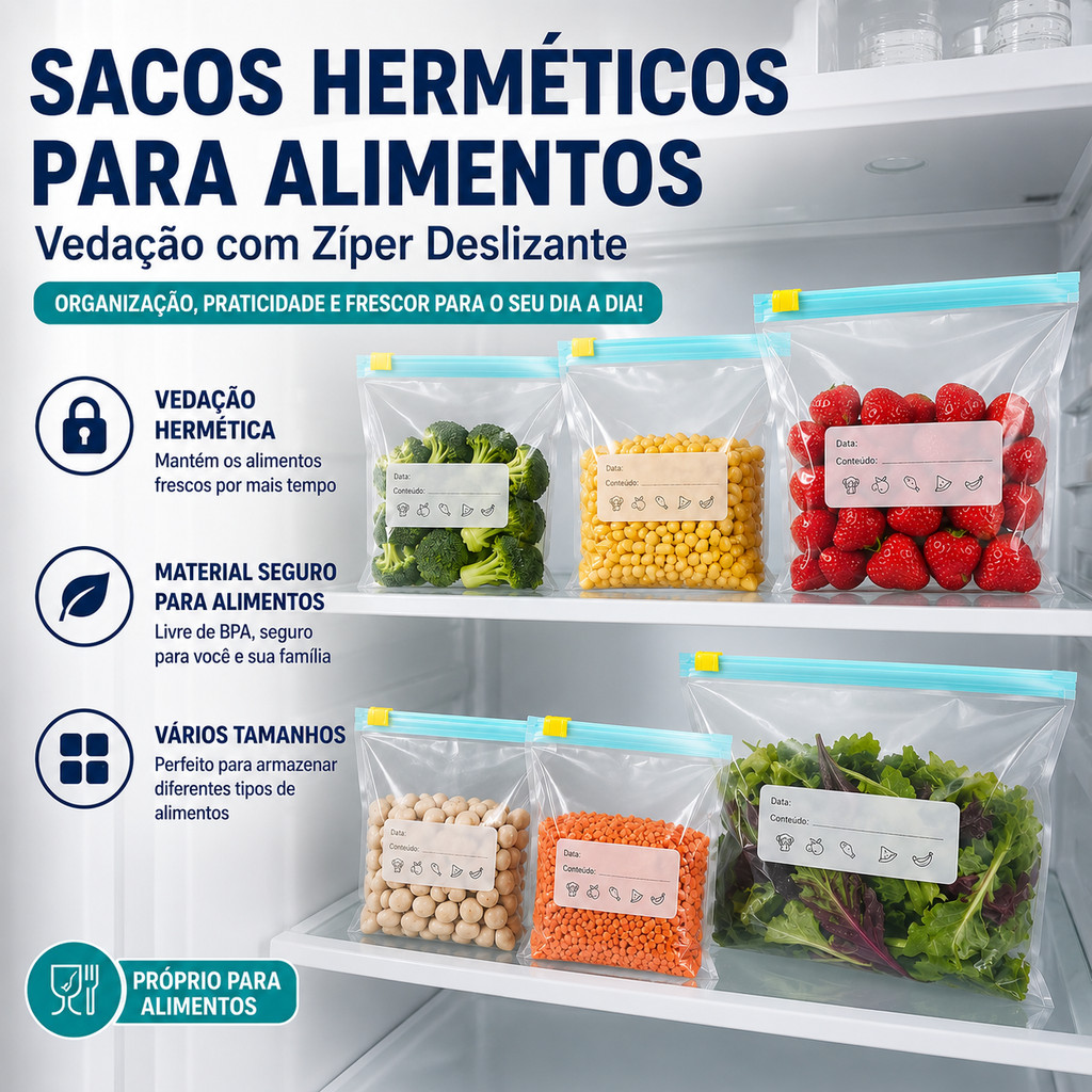 Kit 20 Sacos Para Armazenar Alimentos Reutilizáveis Congelador para Frutas Carnes e Legumes