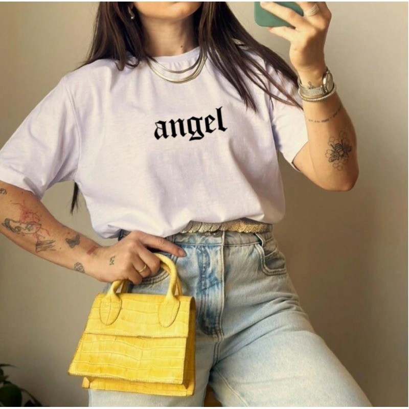 Camiseta Feminina T-Shirt Estampa Angel Roupa Estilosa Camisa Delicada Confortável  100% Algodão