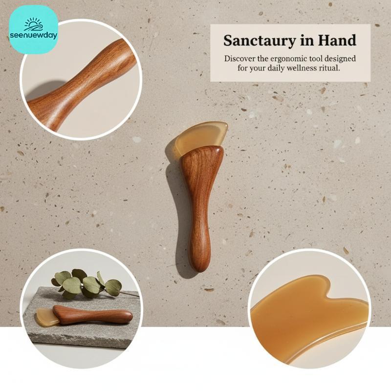[seenuewday] Ferramenta Gua Sha De Chifre De Ovelha Natural Com Cabo De Madeira Antiderrapante , Adequada Para A Pele Ma