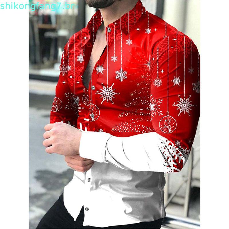 Csas Sociais Masculinas da Moda com Gola Dobrada e Botões, Estampa Casual de Natal, Manga Longa # Cardigã de Festa pa