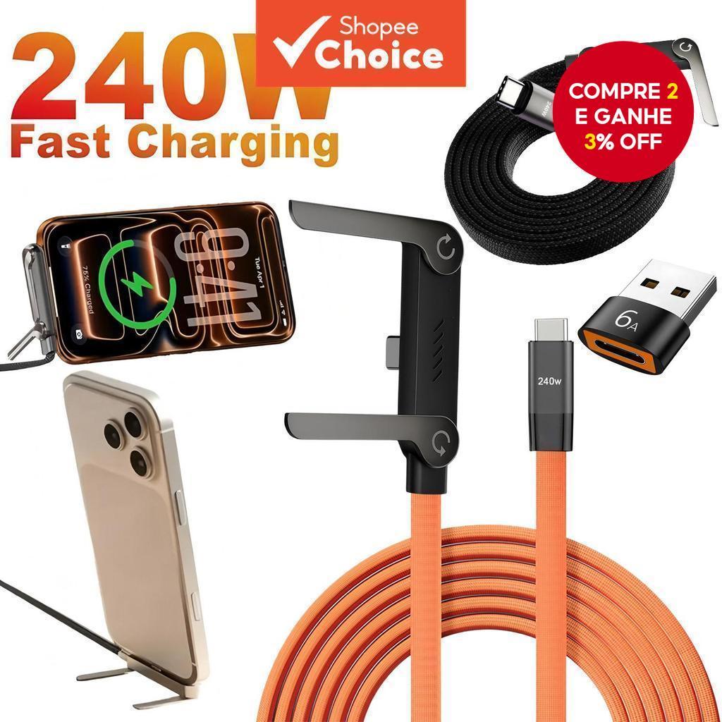 Cabo USB-C para USB-C, Carregamento rápido 240W, Cabo de carregamento com suporte invisível, Cabo USB-C plano, Cabo