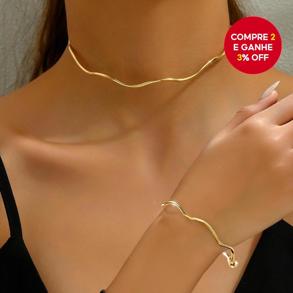 Conjunto De Joias Gargantilha Com Corrente Ondulada Minimalista – Colar E Pulseira Punk Ajustáveis , Banhadas A Ouro Par