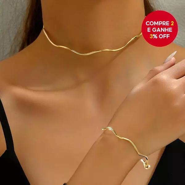 Conjunto De Joias Gargantilha Com Corrente Ondulada Minimalista – Colar E Pulseira Punk Ajustáveis , Banhadas A Ouro Par