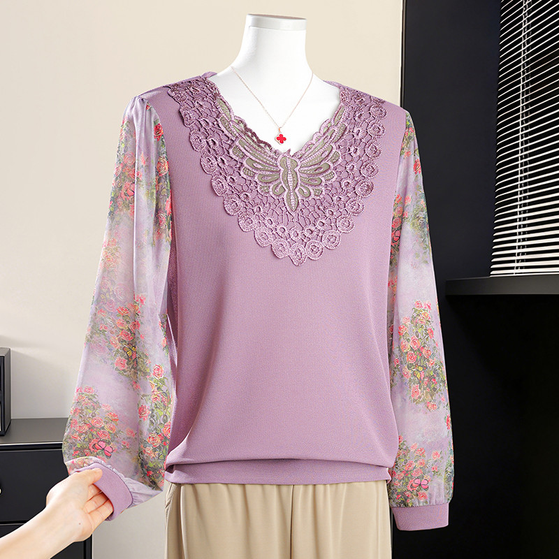 Camiseta mãe primavera estilo ocidental camisa pequena 50 anos de idade feminina de meia-idade de manga comprida Top de 