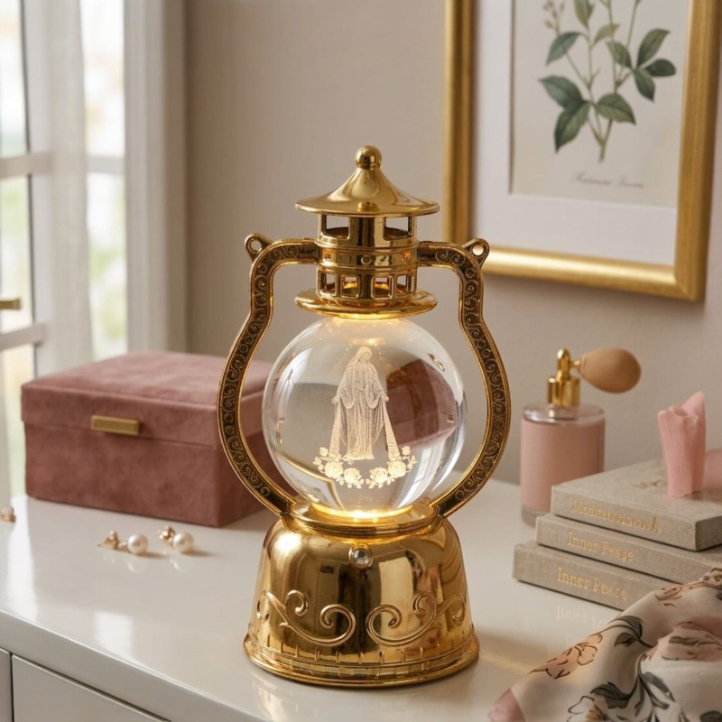 Lanterna Lampião Nossa Senhora das Graças Giratório Luminária 14 cm com USB LED Importado