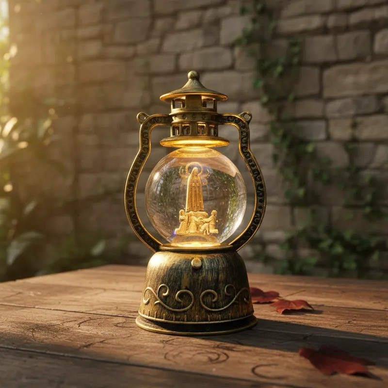 Lanterna Lampião Nossa Senhora de Fátima Giratório Ouro Velho Luminária 14 cm com USB LED Importado