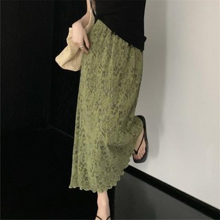 Retro verde Floral pequena saia reta plissada verão cintura alta volta divisão tinta Casual plissado Midi saia