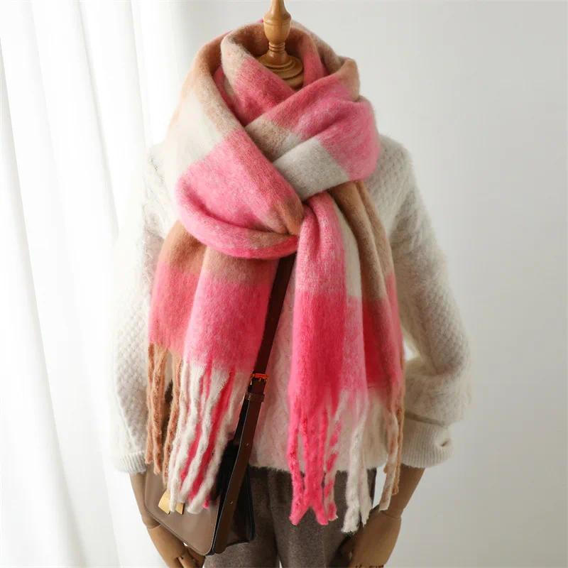 Outono Inverno Luxo Feminino Cachecóis Masculino Espessamento Cachecol Quente Arco-Íris Xadrez Borla Xale Cashmere Imita