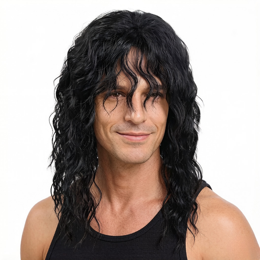 Estilo europeu americano masculino preto longo cabelo encaracolado estilo exclusivo conjunto completo de peruca