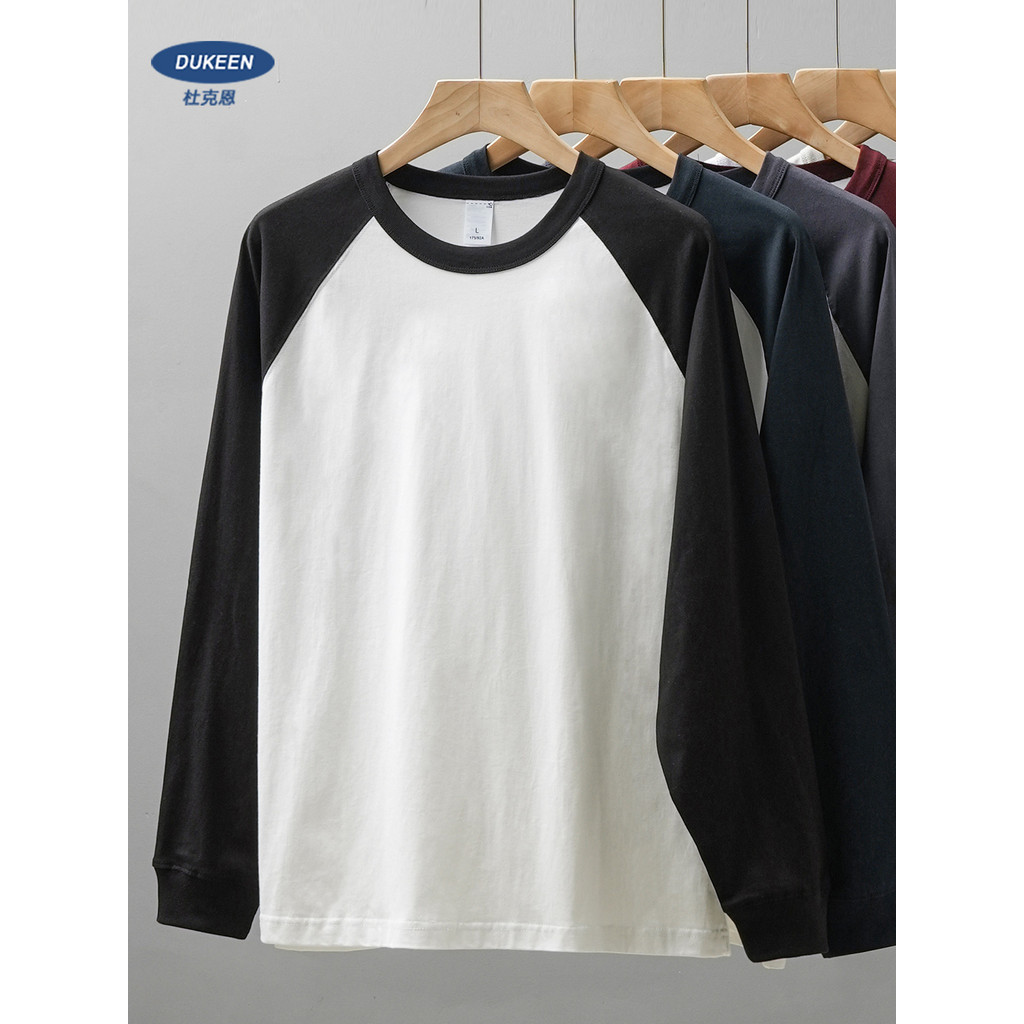Camiseta masculina de manga Raglan de algodão pesado, manga comprida, primavera outono, estilo americano, gola redonda, 